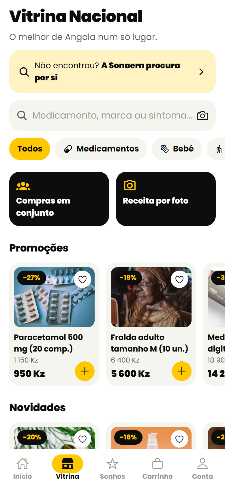 Vitrina da app Sonaern com produtos de farmácias parceiras